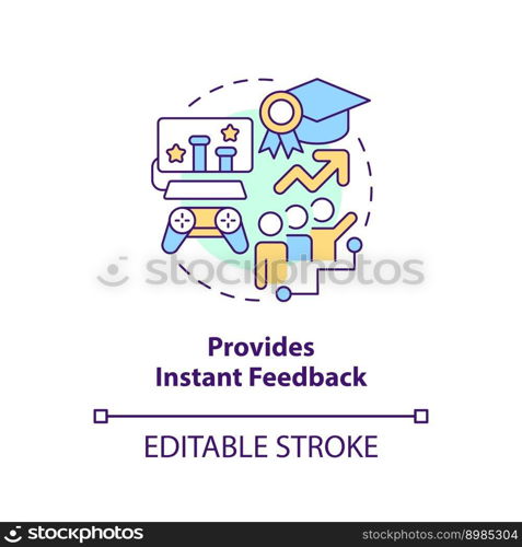 Provide instant feedback concept icon. Gamification benefits in e learning abstract idea thin line illustration. Isolated outline drawing. Editable stroke. Arial, Myriad Pro-Bold fonts used. Provide instant feedback concept icon