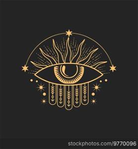 Providence all seeing eye, sun and stars tarot symbol, golden isolated occultism talisman. Vector esoteric symbol magic eye, tattoo occult mason sign. Esoteric symbol magic eye tattoo occult mason sign