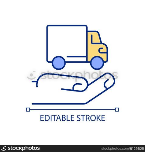 Providing delivery trucks and vans RGB color icon. Fast shipping. Buying vehicles. Ecommerce success. Isolated vector illustration. Simple filled line drawing. Editable stroke. Arial font used. Providing delivery trucks and vans RGB color icon