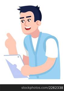 Providing maintenance and repair semi flat RGB color vector illustration. Smiling figure. Robotics courses teacher. System engineer with tablet isolated cartoon character on white background. Providing maintenance and repair semi flat RGB color vector illustration