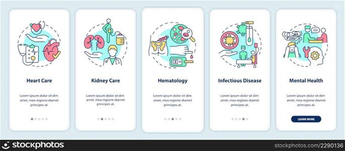 Providing medical services onboarding mobile app screen. Medicine walkthrough 5 steps graphic instructions pages with linear concepts. UI, UX, GUI template. Myriad Pro-Bold, Regular fonts used. Providing medical services onboarding mobile app screen