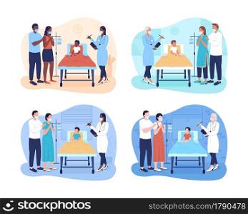 Providing sick children with medical care 2D vector isolated illustrations set. Visit patients in hospital flat characters on cartoon background. Pediatric intensive care colourful scene collection. Providing sick children with medical care 2D vector isolated illustrations set