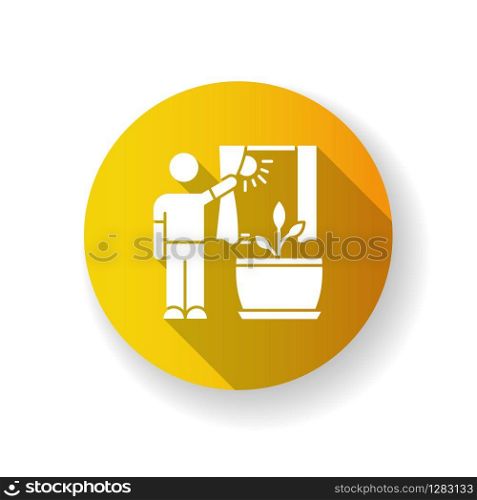 Providing sunlight for plant orange flat design long shadow glyph icon. Houseplant care. Plant growing. Indoor gardening. Exposing domestic plants to natural light. Silhouette RGB color illustration