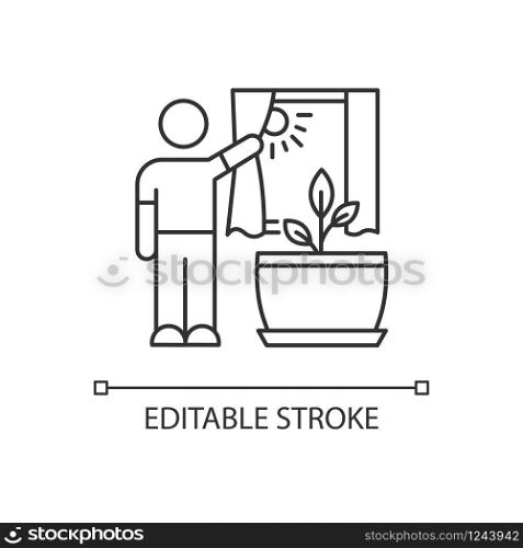 Providing sunlight for plant pixel perfect linear icon. Exposing domestic plants to natural light. Thin line customizable illustration. Contour symbol. Vector isolated outline drawing. Editable stroke