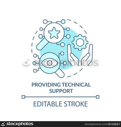 Providing technical support turquoise concept icon. Social protection activity abstract idea thin line illustration. Isolated outline drawing. Editable stroke. Arial, Myriad Pro-Bold fonts used. Providing technical support turquoise concept icon
