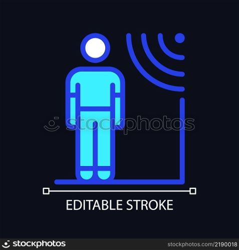 Proximity sensors pixel perfect RGB color icon for dark theme. Remote regulation for access. Internet of Things. Simple filled line drawing on night mode background. Editable stroke. Arial font used. Proximity sensors pixel perfect RGB color icon for dark theme