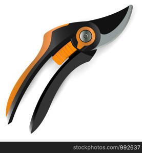 Pruner garden tools vector illustration. Quality 3d secateurs for yard works. Professional equipment series.. Pruner garden tools vector illustration Quality 3d