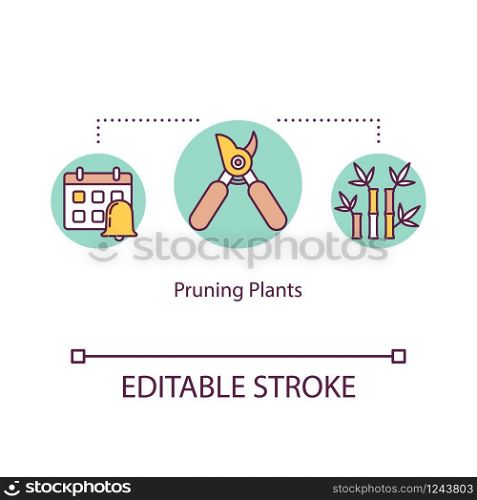 Pruning plants concept icon. Cutting overgrown stems. Removing dead twigs. Timely branch trimming idea thin line illustration. Vector isolated outline RGB color drawing. Editable stroke