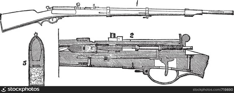 Prussian needle- rifle, vintage engraving. Old engraved illustration of Prussian needle- rifle (1) with inner section (2) and cartridge (3) isolated on a white background.