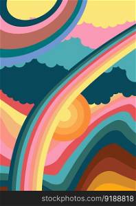 Psychedelic Hippie style retro 70s background. Groovy abstract 1970s, 1960s cover, poster, Template. Vintage Liquid rainbow striped design poster.
