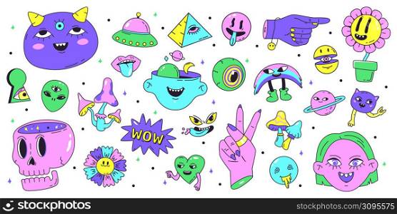 Psychedelic neon retro stickers, crazy abstract hippy symbols. Retro abstract stickers and hallucination elements vector illustration set. Retro surreal art badges, psychedelic neon trippy doodle. Psychedelic neon retro stickers, crazy abstract hippy symbols. Retro abstract stickers and hallucination elements vector illustration set. Retro surreal art badges