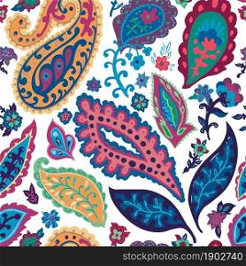 Psychedelic or abstract floral print with vivid colors and biodiversity of plants and leaves. Decorative spring or summer blooming. Background or textile. Seamless pattern, vector in flat style. Abstract floral seamless pattern with botany plant