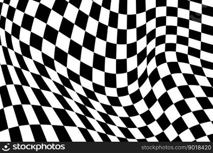 Psychedelic pattern with warped black and white squares. Distorted race flag texture. Checkered optical illusion. Wavy chess board background. Trippy checkerboard surface. Vector flat illustration. Psychedelic pattern with warped black and white squares. Distorted race flag texture. Checkered optical illusion. Wavy chess board background. Trippy checkerboard surface