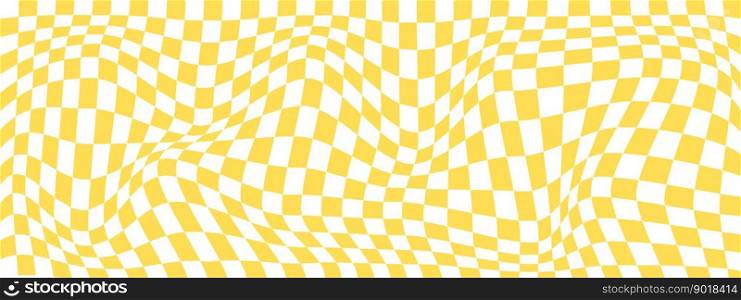 Psychedelic pattern with warped orange and white squares. Trippy checkerboard texture. Distorted chess board background. Checkered optical illusion. Vector flat illustration. Psychedelic pattern with warped orange and white squares. Trippy checkerboard texture. Distorted chess board background. Checkered optical illusion