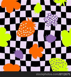 Psychedelic seamless pattern with strawberries and spotted flowers on trippy grid. Groovy summer print for fabric, paper, T-shirt. Hippie aesthetic vector illustration for decor and design.