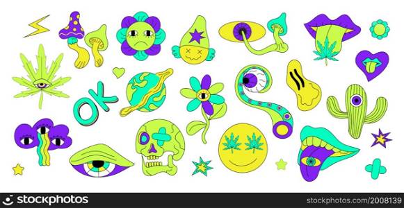 Psychedelic stickers vector set. Crasy mushrooms and abstract eyes. Neon hand drawn skull, lips, cannabis. Neon heart, cactus, octopus leg are shown. Retro 70&rsquo;s psychedelic hippie illustrations.. Psychedelic stickers vector set. Crasy mushrooms and abstract eyes. Neon hand drawn skull, lips, cannabis. Neon heart, cactus, octopus leg are shown.