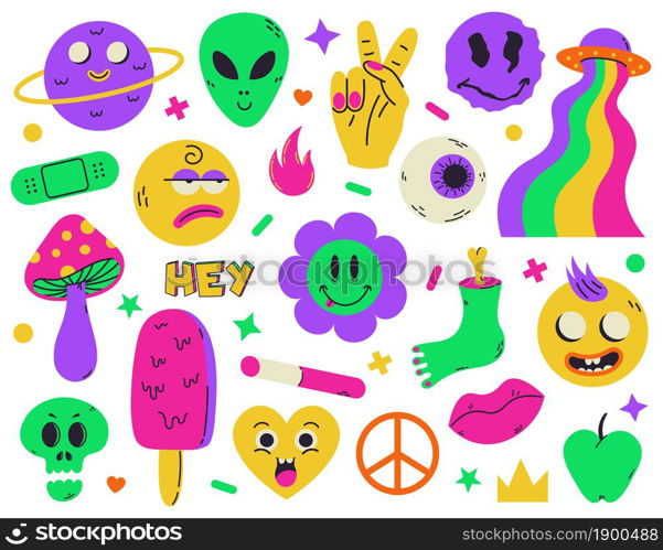 Psychedelic surreal abstract neon stickers and funny cartoon elements. Surreal heart, flower, skull emoji symbols vector illustration set. Neon hallucination characters. Surrealism futuristic patch. Psychedelic surreal abstract neon stickers and funny cartoon elements. Surreal heart, flower, skull emoji symbols vector illustration set. Neon hallucination characters