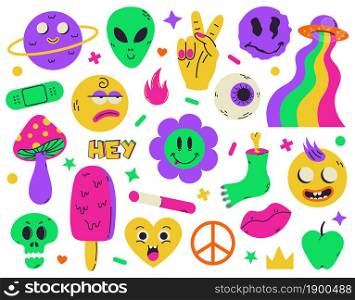 Psychedelic surreal abstract neon stickers and funny cartoon elements. Surreal heart, flower, skull emoji symbols vector illustration set. Neon hallucination characters. Surrealism futuristic patch. Psychedelic surreal abstract neon stickers and funny cartoon elements. Surreal heart, flower, skull emoji symbols vector illustration set. Neon hallucination characters