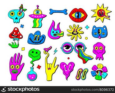 Psychedelic symbols. Hippy stickers collection funny emoticons faces hands mushrooms neon colored hallucination labels recent vector illustrations. Hippie psychedelic trendy, 90s character sticker. Psychedelic symbols. Hippy stickers collection funny emoticons faces hands mushrooms neon colored hallucination labels recent vector illustrations