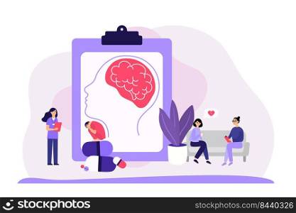 Psychiatrist counseling faceless patients flat vector illustration. Mental disorder, addiction and depression treatment. Family psychologist, psychoanalysis and psychotherapy concept