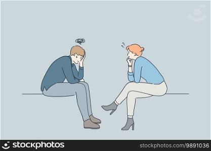 Psychiatrist, psychological support, depression concept. Young depressed unhappy man patient cartoon character sitting and communicating with woman psychologist during visit in clinic . Psychiatrist, psychological support, depression concept