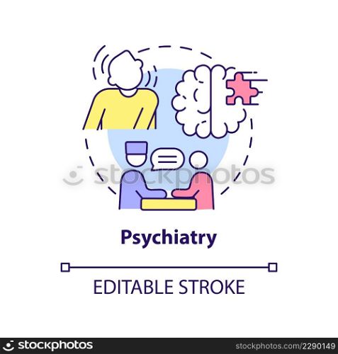 Psychiatry concept icon. Mental disorder care. Service of medical center abstract idea thin line illustration. Isolated outline drawing. Editable stroke. Arial, Myriad Pro-Bold fonts used. Psychiatry concept icon