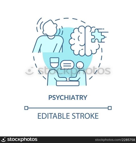 Psychiatry turquoise concept icon. Mental disorder care. Service of medical center abstract idea thin line illustration. Isolated outline drawing. Editable stroke. Arial, Myriad Pro-Bold fonts used. Psychiatry turquoise concept icon