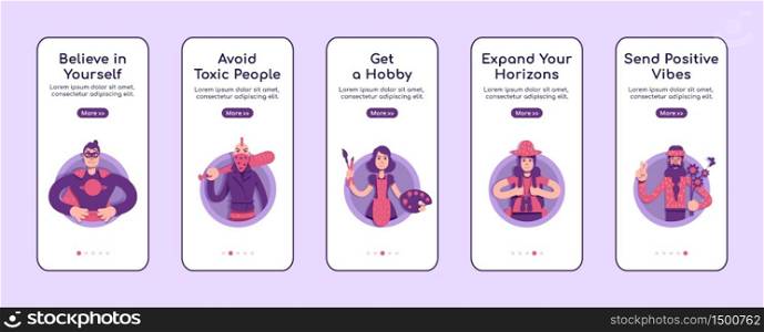 Psychological advices onboarding mobile app screen flat vector template. Personal development. Walkthrough website steps with characters. UX, UI, GUI smartphone cartoon interface, case prints set. Psychological advices onboarding mobile app screen flat vector template