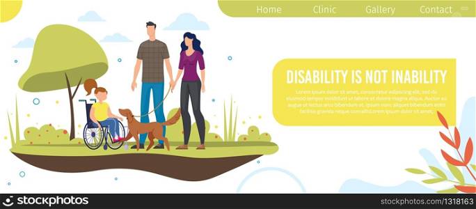 Psychological Counseling and Support for Disabled Children Trendy Flat Vector Web Banner, Landing Page Template. Parents Walking with Disabled Daughter, Supporting Girl in Wheelchair Illustration
