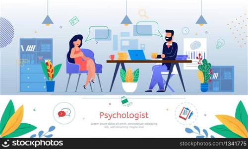 Psychological Counseling, Therapist Consultation Trendy Flat Vector Promo Banner, Poster Template. Woman Visiting Psychologist, Talking About Mental Problems at Psychiatrist Appointment Illustration