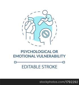 Psychological, emotional vulnerability blue concept icon. Psychological consequences abstract idea thin line illustration. Post traumatic stress. Vector isolated outline color drawing. Editable stroke. Psychological or emotional vulnerability blue concept icon