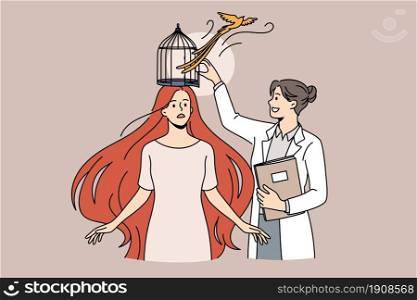 Psychological help and mental health concept. Young smiling woman doctor psychologist standing releasing woman patients head brain from cage vector illustration . Psychological help and mental health concept