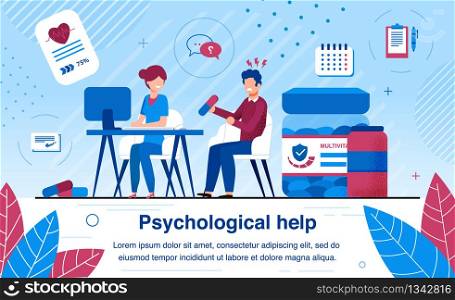 Psychological Help and Psychiatrist Counseling Trendy Flat Vector Banner, Poster. Stressed, Worried and Frustrated Man Suffering from Depression, Visiting Therapist, Female Psychologist Illustration