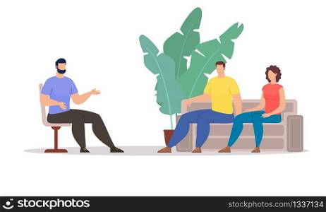 Psychological Help for Couples Trendy Flat Vector Concept. Wife and Husband Visiting Therapy, Sitting on Couch at Family Psychologist Appointment, Male Psychiatrist Talking with Patients Illustration