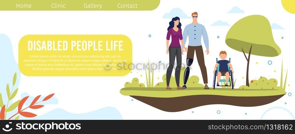 Psychological Help for Disabled People Trendy Flat Vector Web Banner, Landing Page Template. Man with Leg Prosthesis, Boy with Disabilities in Wheelchair, Young Woman Standing Together Illustration