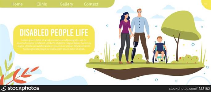 Psychological Help for Disabled People Trendy Flat Vector Web Banner, Landing Page Template. Man with Leg Prosthesis, Boy with Disabilities in Wheelchair, Young Woman Standing Together Illustration
