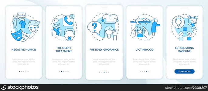 Psychological manipulation examples blue onboarding mobile app screen. Walkthrough 5 steps graphic instructions pages with linear concepts. UI, UX, GUI template. Myriad Pro-Bold, Regular fonts used. Psychological manipulation examples blue onboarding mobile app screen