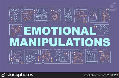 Psychological manipulations word concepts dark purple banner. Emotional harm. Infographics with icons on color background. Isolated typography. Vector illustration with text. Arial-Black font used. Psychological manipulations word concepts dark purple banner
