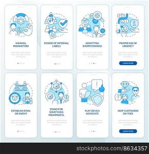 Psychological marketing tactics blue onboarding mobile app screen set. Walkthrough 4 steps editable graphic instructions with linear concepts. UI, UX, GUI template. Myriad Pro-Bold, Regular fonts used. Psychological marketing tactics blue onboarding mobile app screen set
