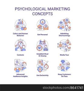 Psychological marketing tactics concept icons set. Interaction with consumers idea thin line color illustrations. Isolated symbols. Editable stroke. Roboto-Medium, Myriad Pro-Bold fonts used. Psychological marketing tactics concept icons set
