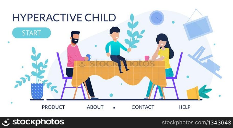 Psychological Method in Therapy Hyperactive Child. Advertising Flat Landing Page. Frustrated Parents, Upset Mother and Father Sitting and Looking at Misbehave Son on Table Illustration. Vector Cartoon. Hyperactive Child Therapy Method Ad Landing Page