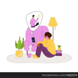 Psychological online services - personal distance support or assistance at home by internet. Upset girl crying, talking with psychologist by phone, individual therapy session or consultation vector. Psychological servise online, personal assistance