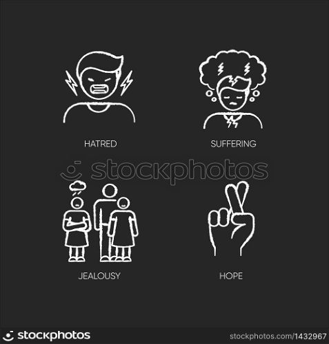 Psychological problem chalk white icons set on black background. Man scream from hatred. Suffering from mental illness. Woman feeling jealous of man. Isolated vector chalkboard illustrations. Psychological problem chalk white icons set on black background