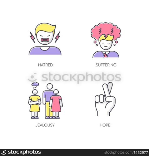 Psychological problem RGB color icons set. Man scream from hatred. Suffering from mental illness. Woman feeling jealous of man. Hope and belief. Psychological help. Isolated vector illustrations. Psychological problem RGB color icons set