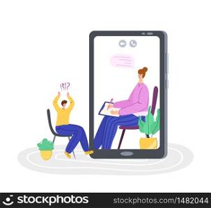 Psychological servise online, personal assistance. Upset man calling to psychologist. Costumer on therapist on devices screen on individual therapy session, helpful consultation. Isolated vector. Psychological servise online, personal assistance