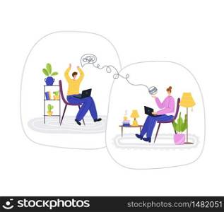 Psychological servise online - upset man calling to psychologist. Costumer on therapist on individual web therapy session at home, helpful consultation or personal assistance. Isolated vector. Psychological servise online, personal assistance