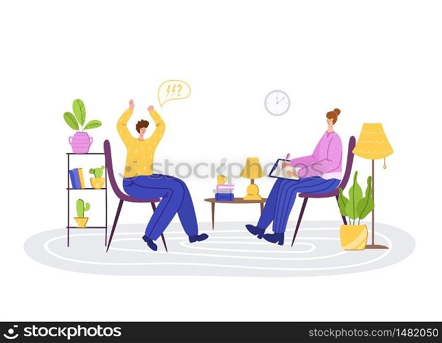 Psychological servise - upset man and woman psychologist indoor, in room. Costumer and therapist on individual therapy session, helpful consultation and personal assistance. Isolated vector. Psychological servise online, personal assistance