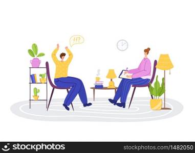 Psychological servise - upset man and woman psychologist indoor, in room. Costumer and therapist on individual therapy session, helpful consultation and personal assistance. Isolated vector. Psychological servise online, personal assistance