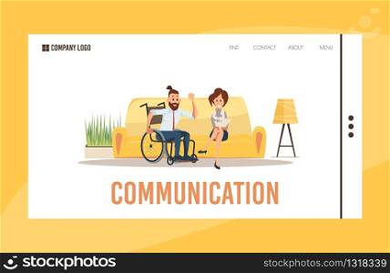 Psychological Support and Help for People with Disabilities Trendy Flat Vector Web Banner, Landing Page. Female Psychologist, Woman Communicating, Talking Counseling Man in Wheelchair Illustration
