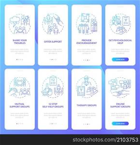 Psychological support blue gradient onboarding mobile app screen set. Walkthrough 4 steps graphic instructions pages with linear concepts. UI, UX, GUI template. Myriad Pro-Bold, Regular fonts used. Psychological support blue gradient onboarding mobile app screen set